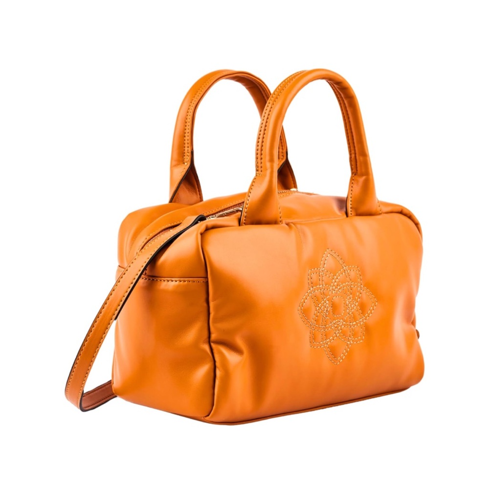 Lemani Paris Puffy Handbag Puffer Purse Designer Vegan Leather Orange Brown